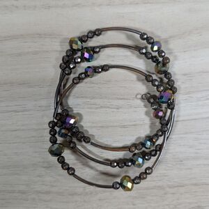 Multi Strand Beaded Memory Wire Bracelet Iridescent Crystal Boho